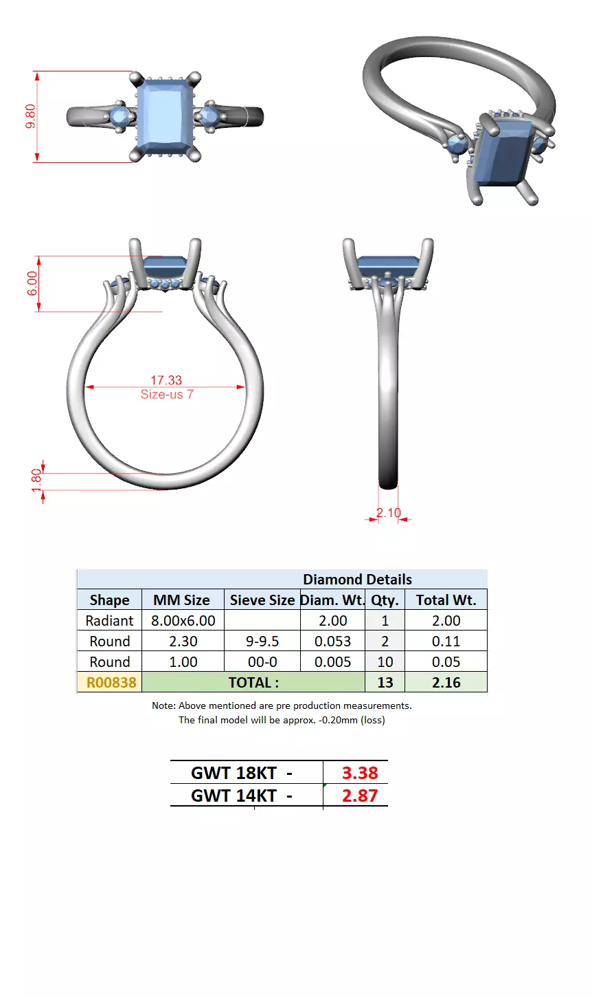 2CT Radiant Cut Diamond Engagement Wedding Ring 3DM STL Video 3D print model_15