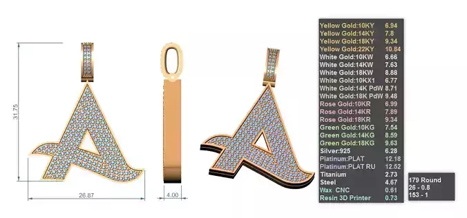 3DM Format Custom Solid Gold  Diamond Alphabet Pendant for Him 