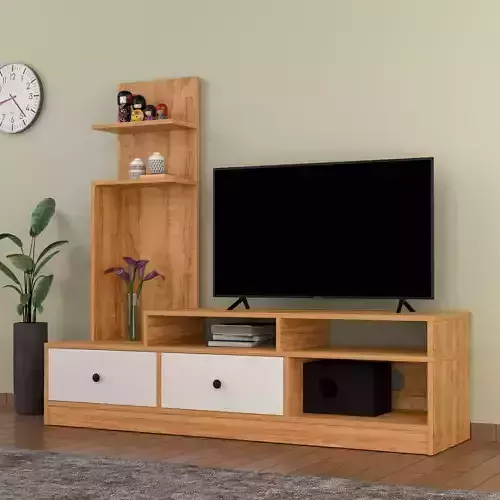 Modern Wooden TV Unit with Shelves and Drawers