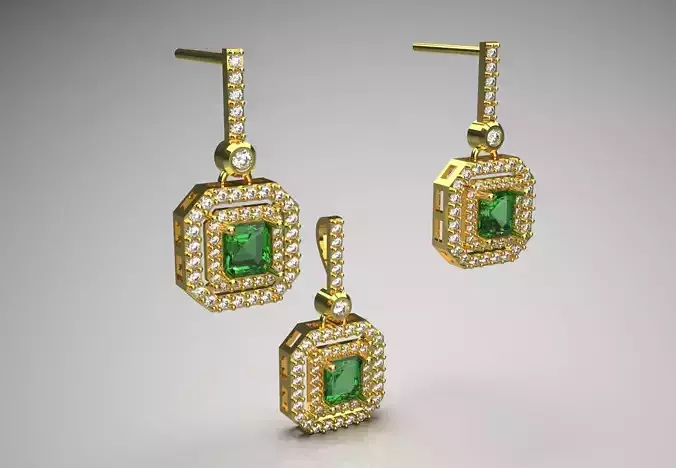 Pendant  Earring Jewelry Set Emerald and Diamond Splendor js0018