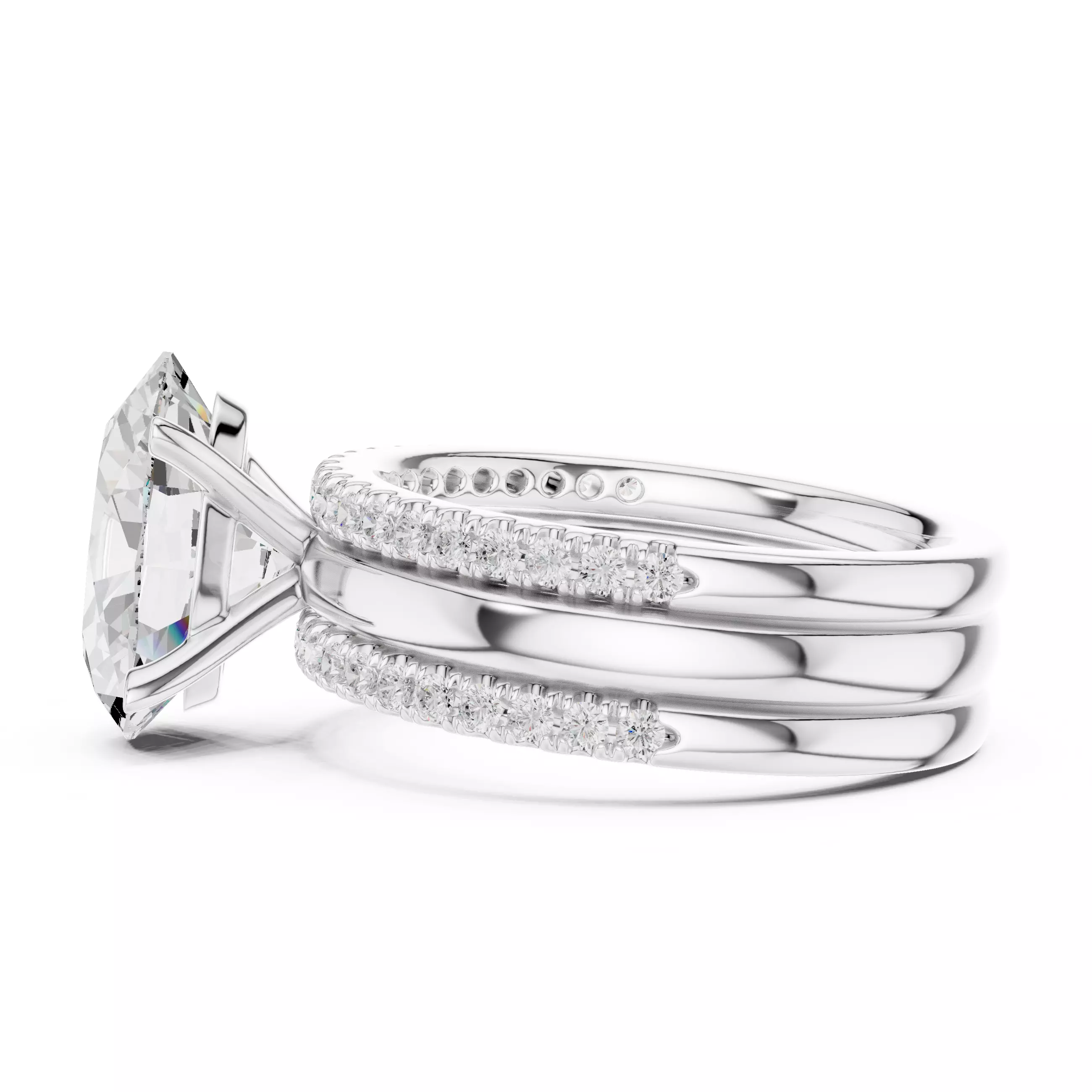 Three Piece Ring Set Oval Cut Solitaire with Round Pave Bands 3D print model_11