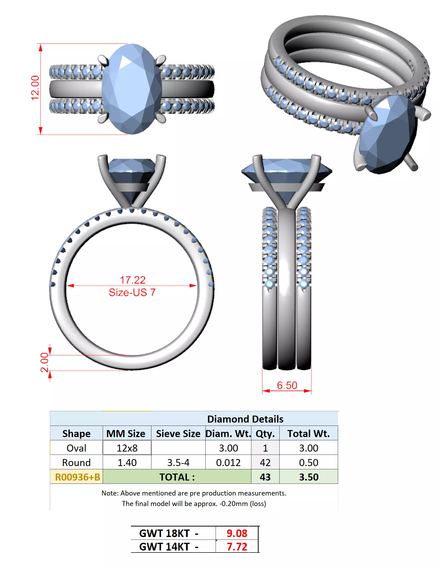 Three Piece Ring Set Oval Cut Solitaire with Round Pave Bands 3D print model_15