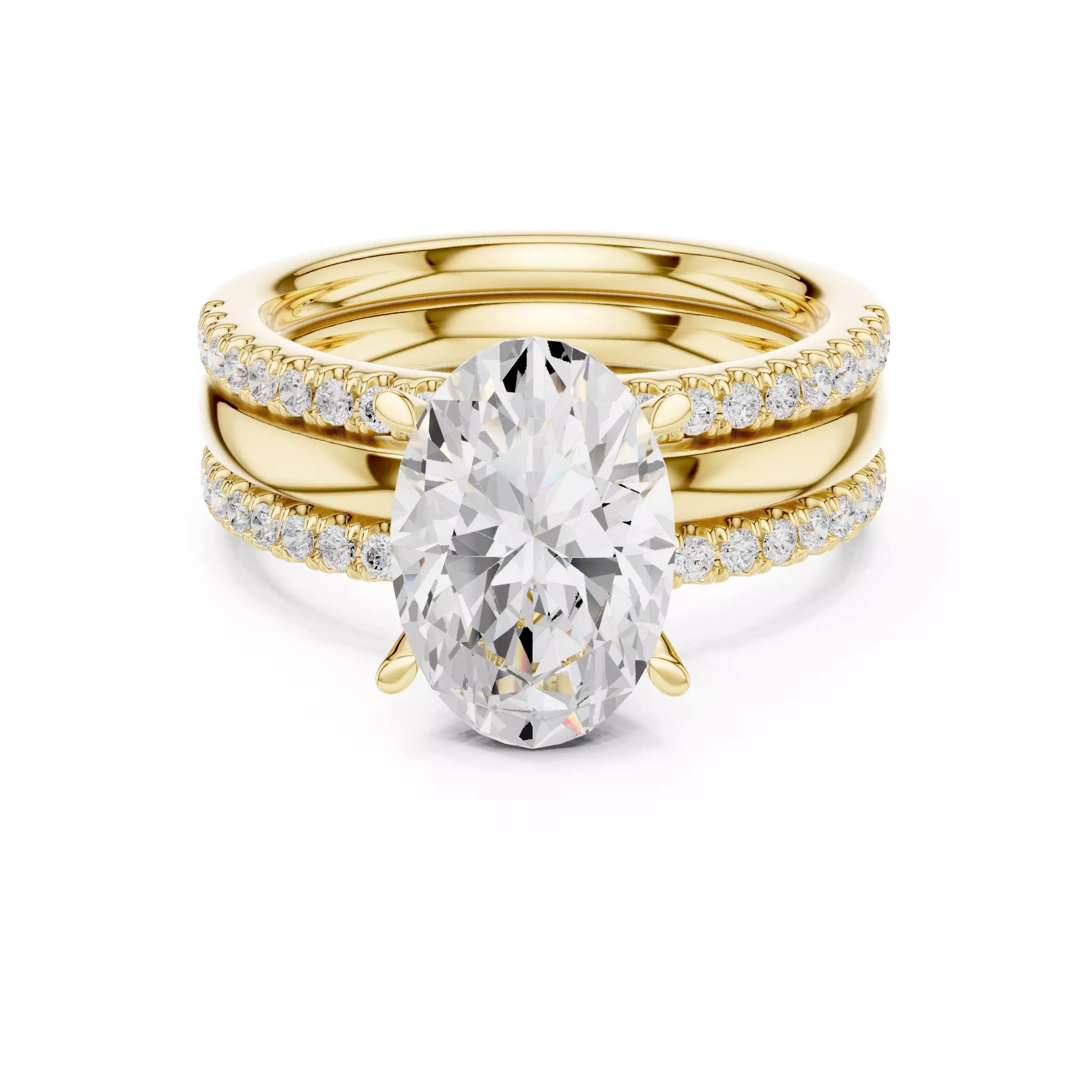 Three Piece Ring Set Oval Cut Solitaire with Round Pave Bands 3D print model_1