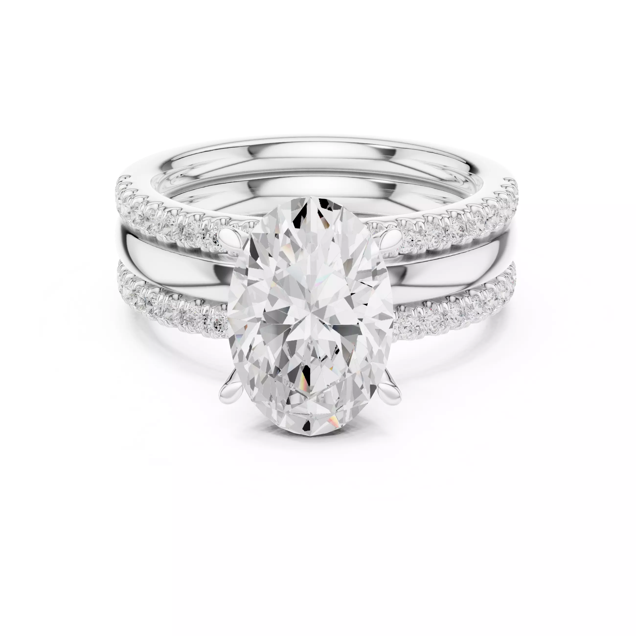 Three Piece Ring Set Oval Cut Solitaire with Round Pave Bands 3D print model_2