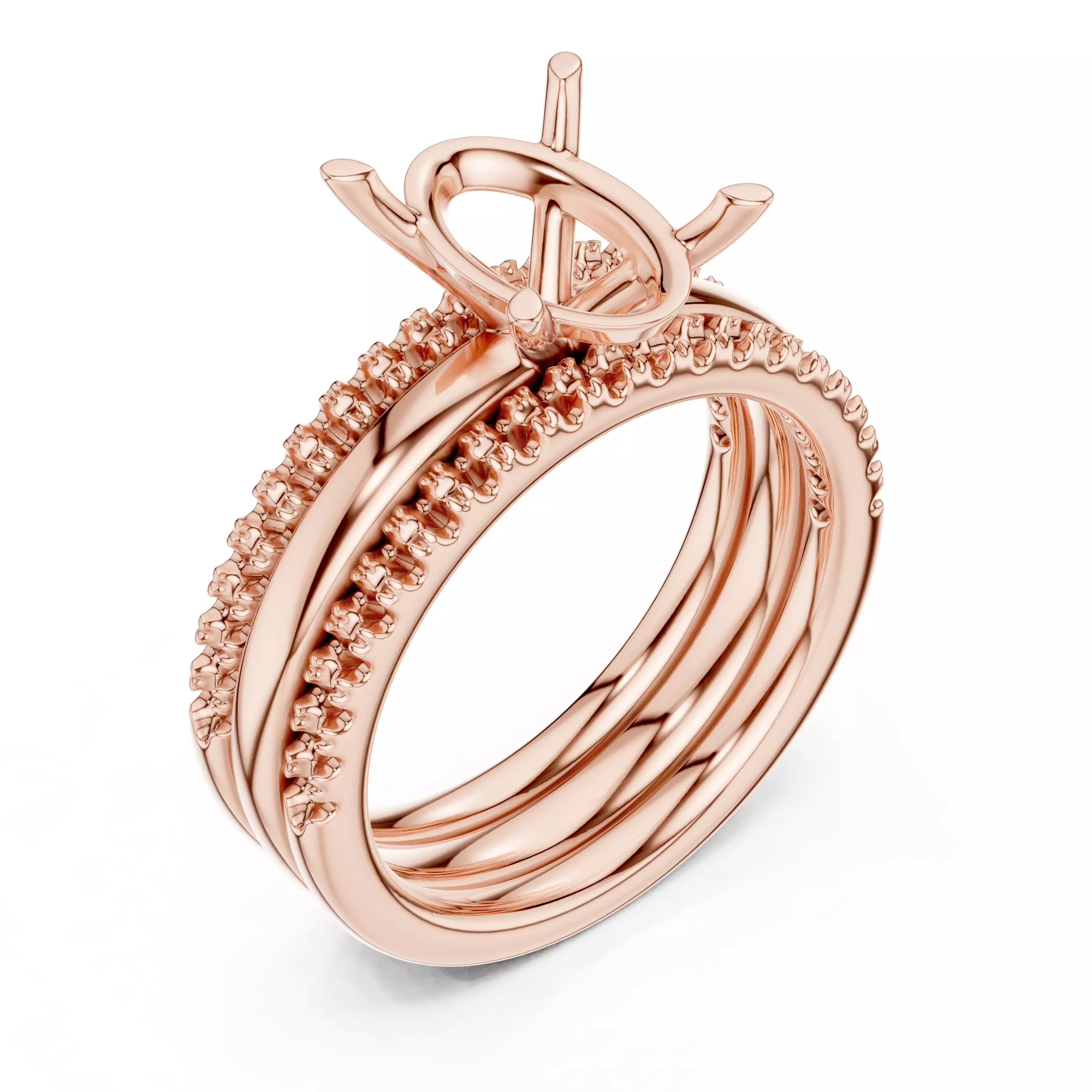 Three Piece Ring Set Oval Cut Solitaire with Round Pave Bands 3D print model_4