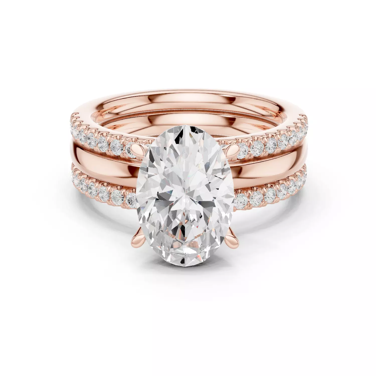 Three Piece Ring Set Oval Cut Solitaire with Round Pave Bands 3D print model_12