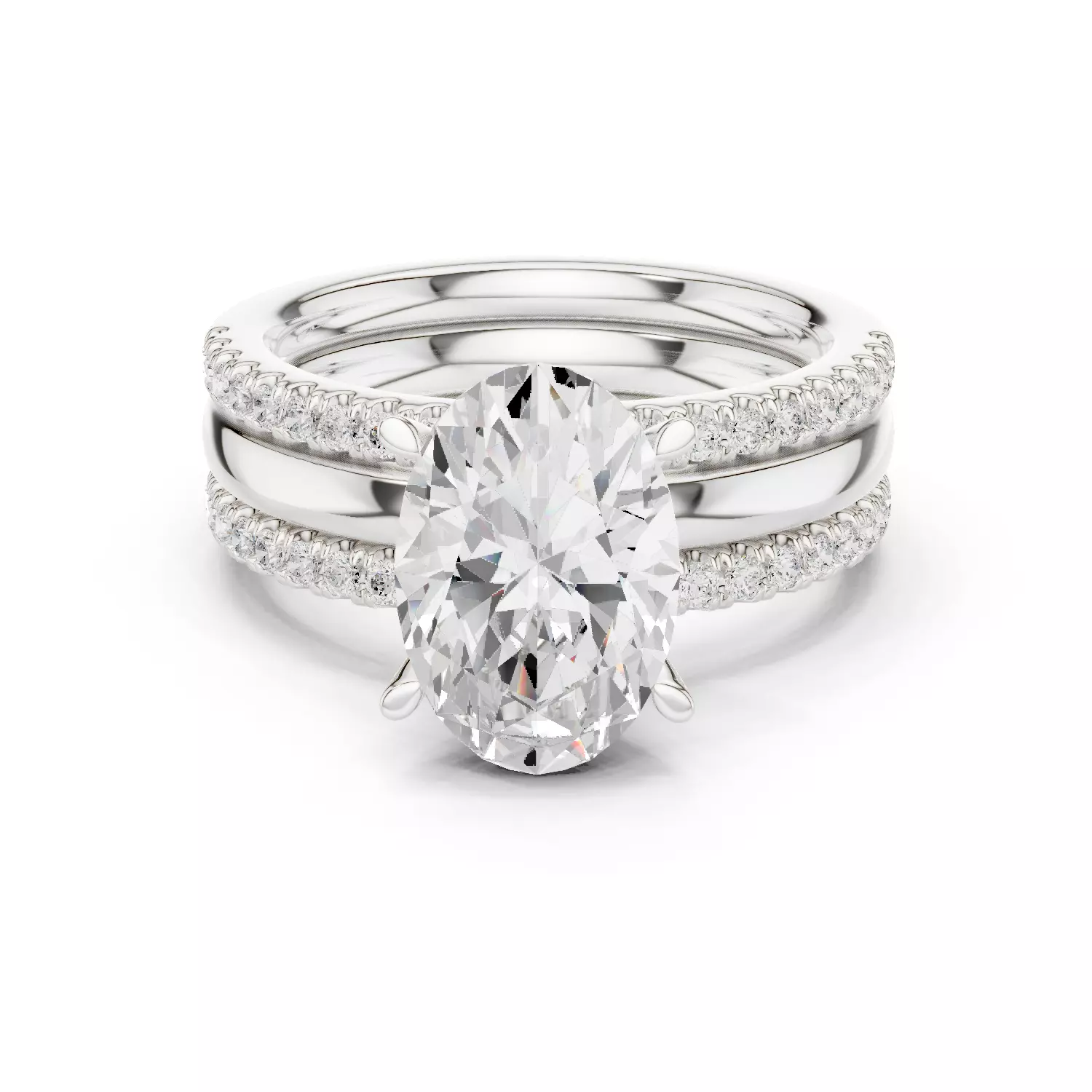 Three Piece Ring Set Oval Cut Solitaire with Round Pave Bands 3D print model_14