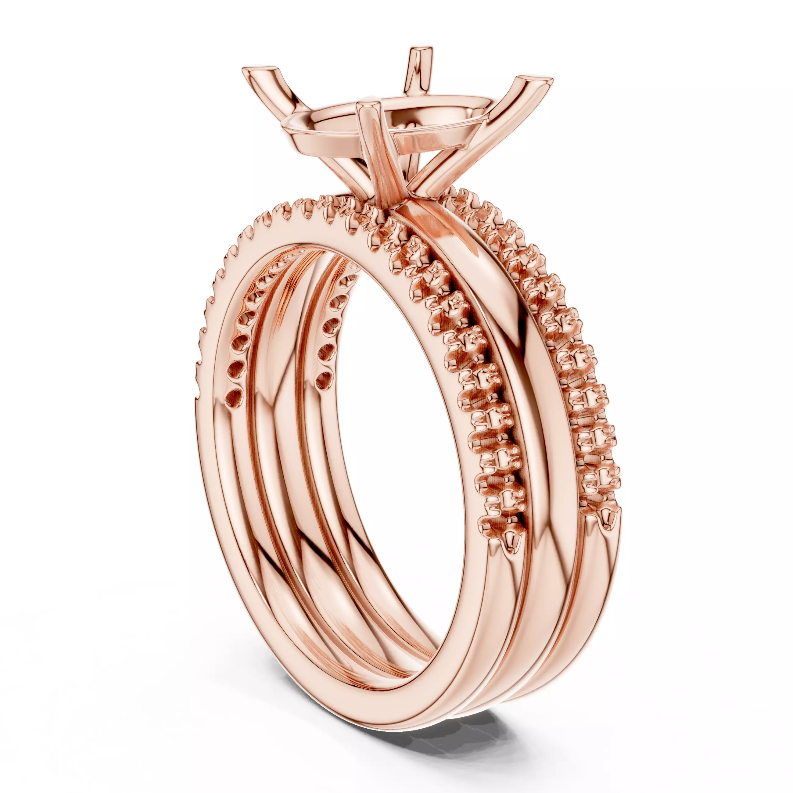 Three Piece Ring Set Oval Cut Solitaire with Round Pave Bands 3D print model_3