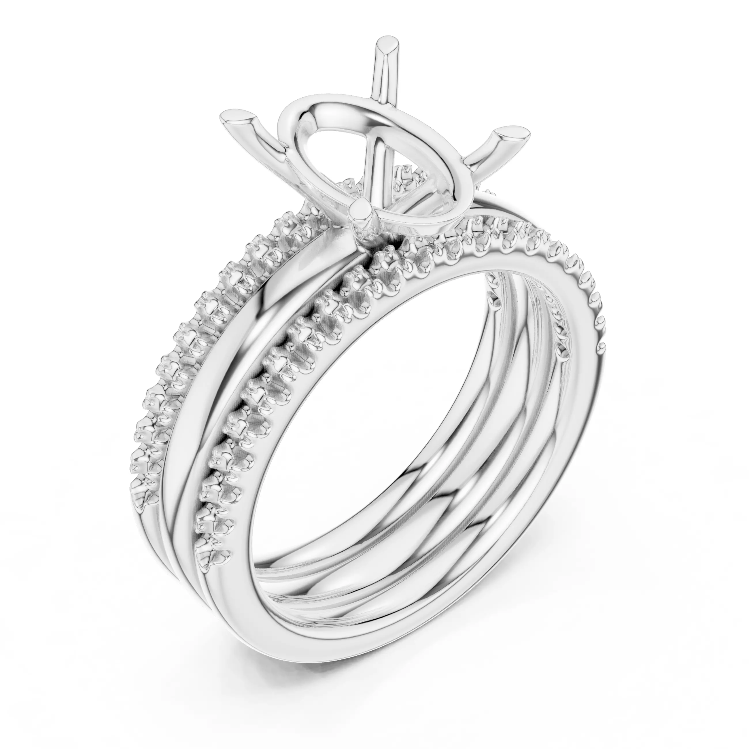 Three Piece Ring Set Oval Cut Solitaire with Round Pave Bands 3D print model_10