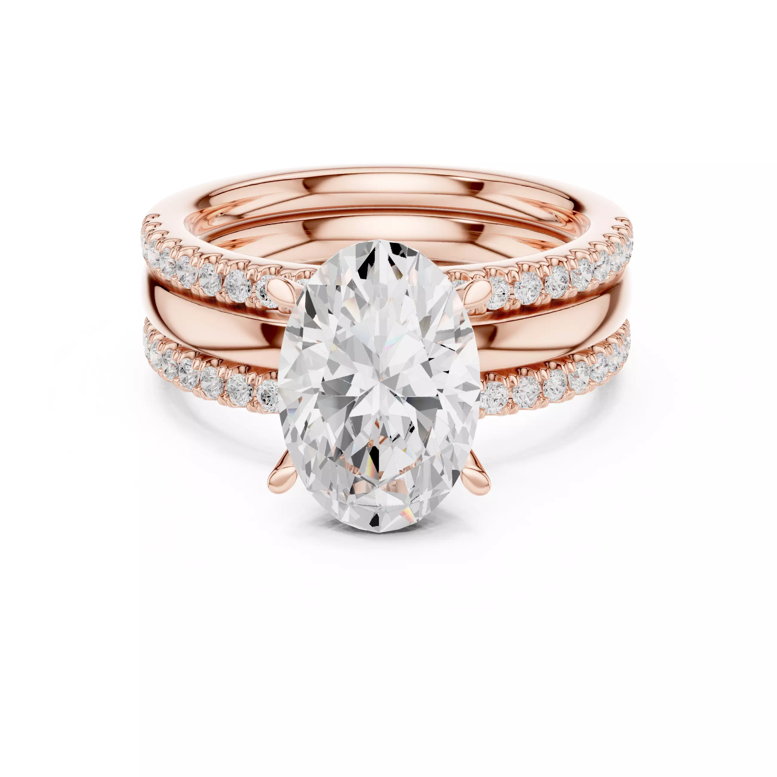 Three Piece Ring Set Oval Cut Solitaire with Round Pave Bands 3D print model_0