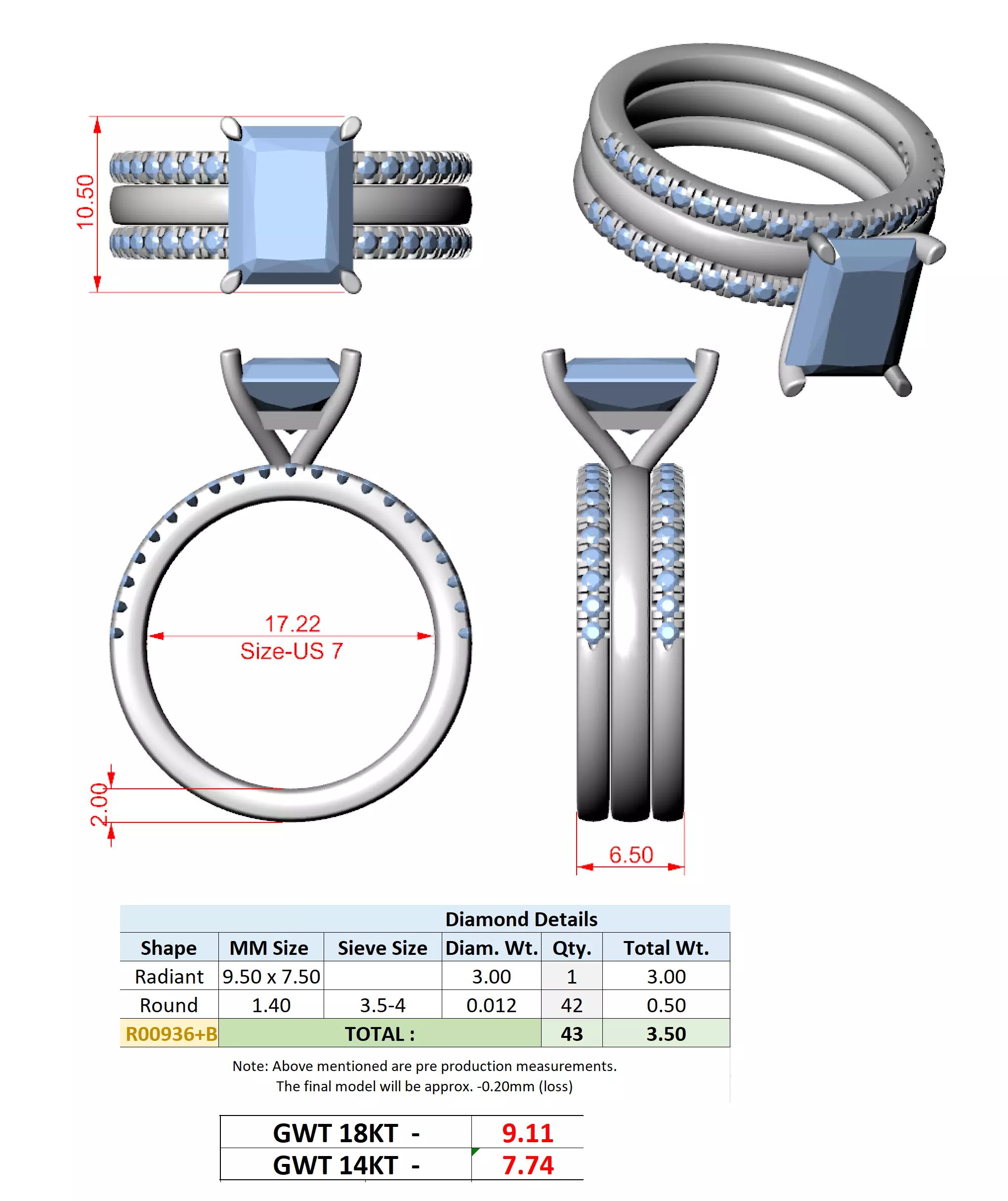 Radiant Cut Solitaire Ring Two Matching Band Set 3DM STL Video 3D print model_15