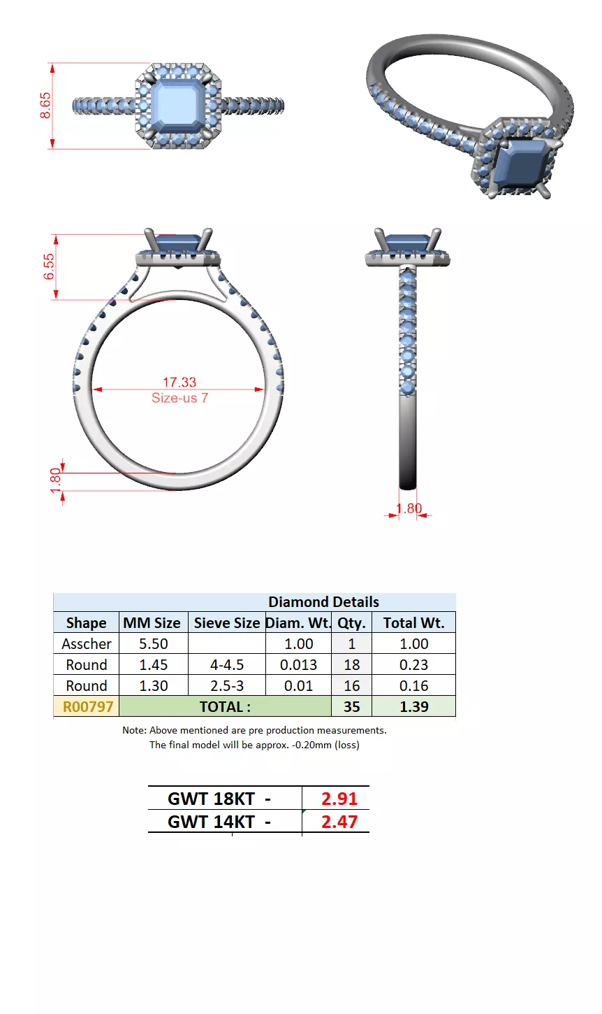 1CT Asscher Cut Halo Diamond Pave Wedding Ring 3DM STL Video 3D print model_15