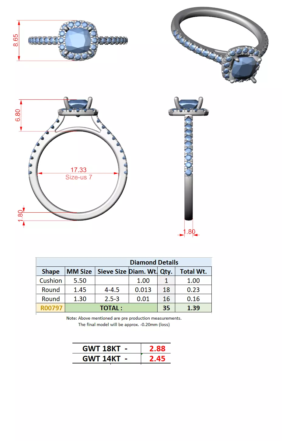 1CT Cushion Cut Halo Diamond Pave Wedding Ring 3DM STL Video 3D print model_15