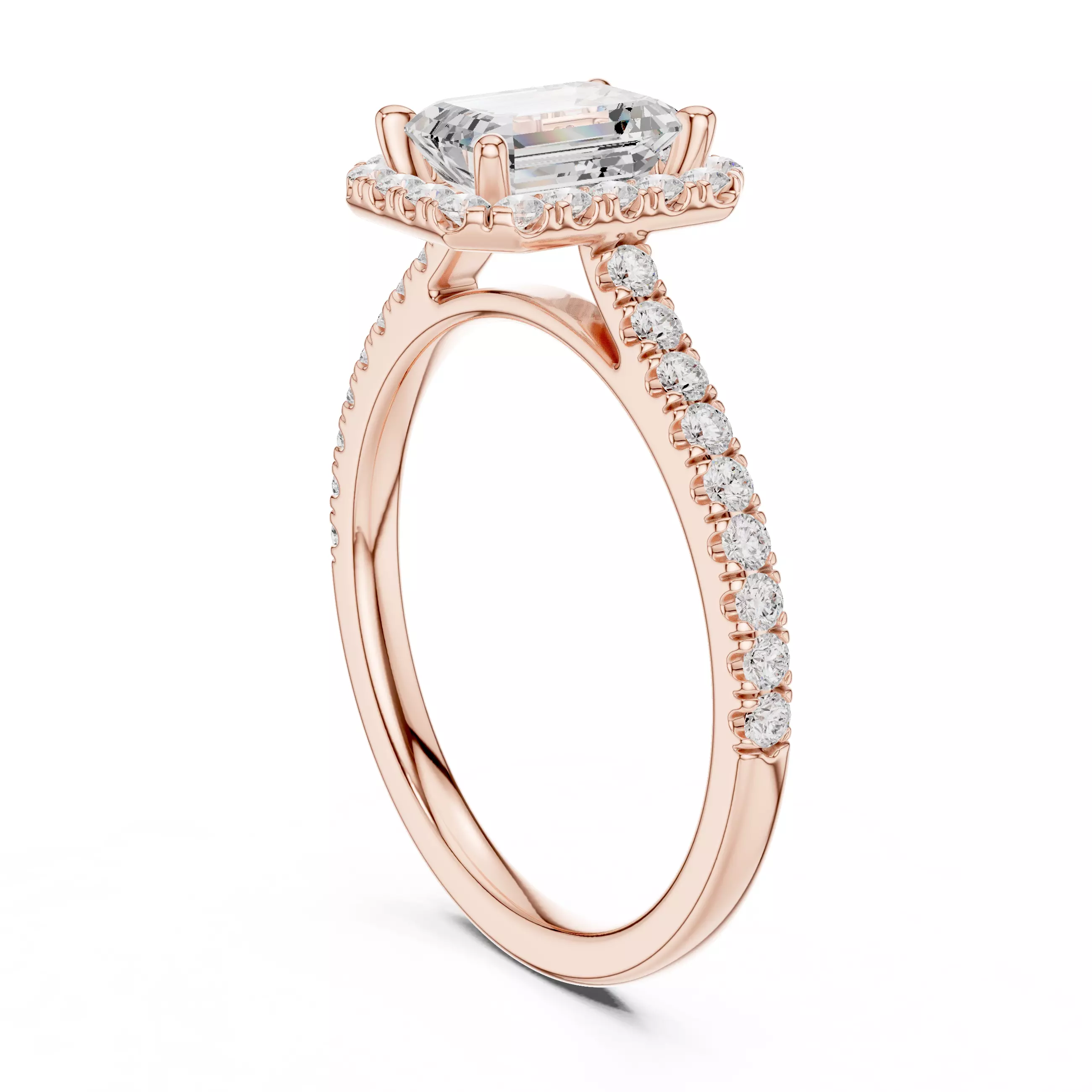 1CT Emerald Cut Halo Diamond Pave Wedding Ring 3DM STL Video 3D print model_3