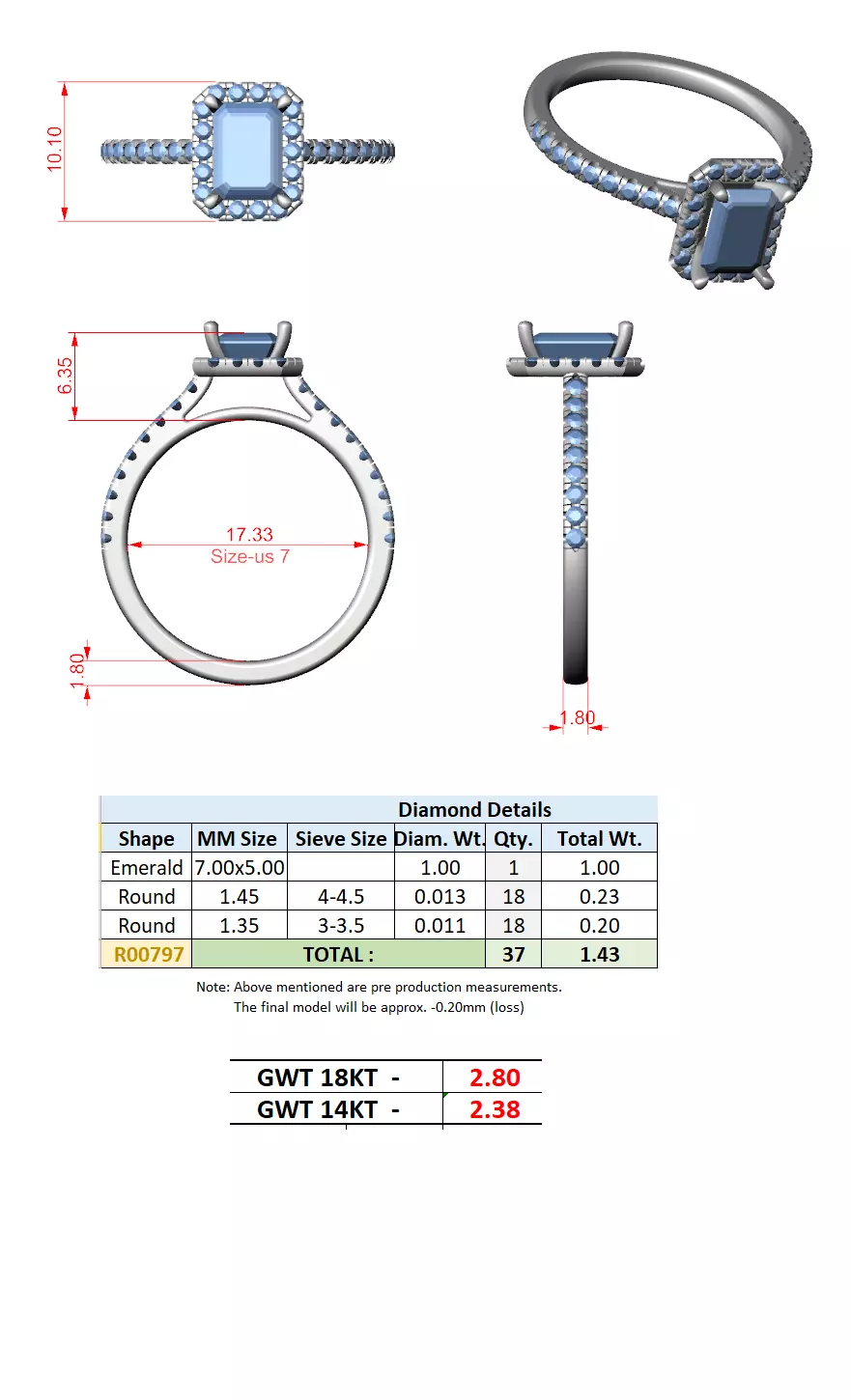 1CT Emerald Cut Halo Diamond Pave Wedding Ring 3DM STL Video 3D print model_15