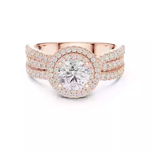 Three Crossover Band round Cut Double Halo Pave Diamond Ring