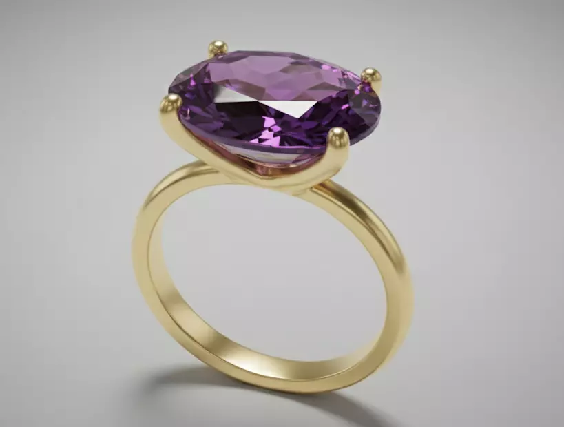 Gold Ring Oval Cut Amethyst Solitaire Jewelry 3D Model 3D print model_1