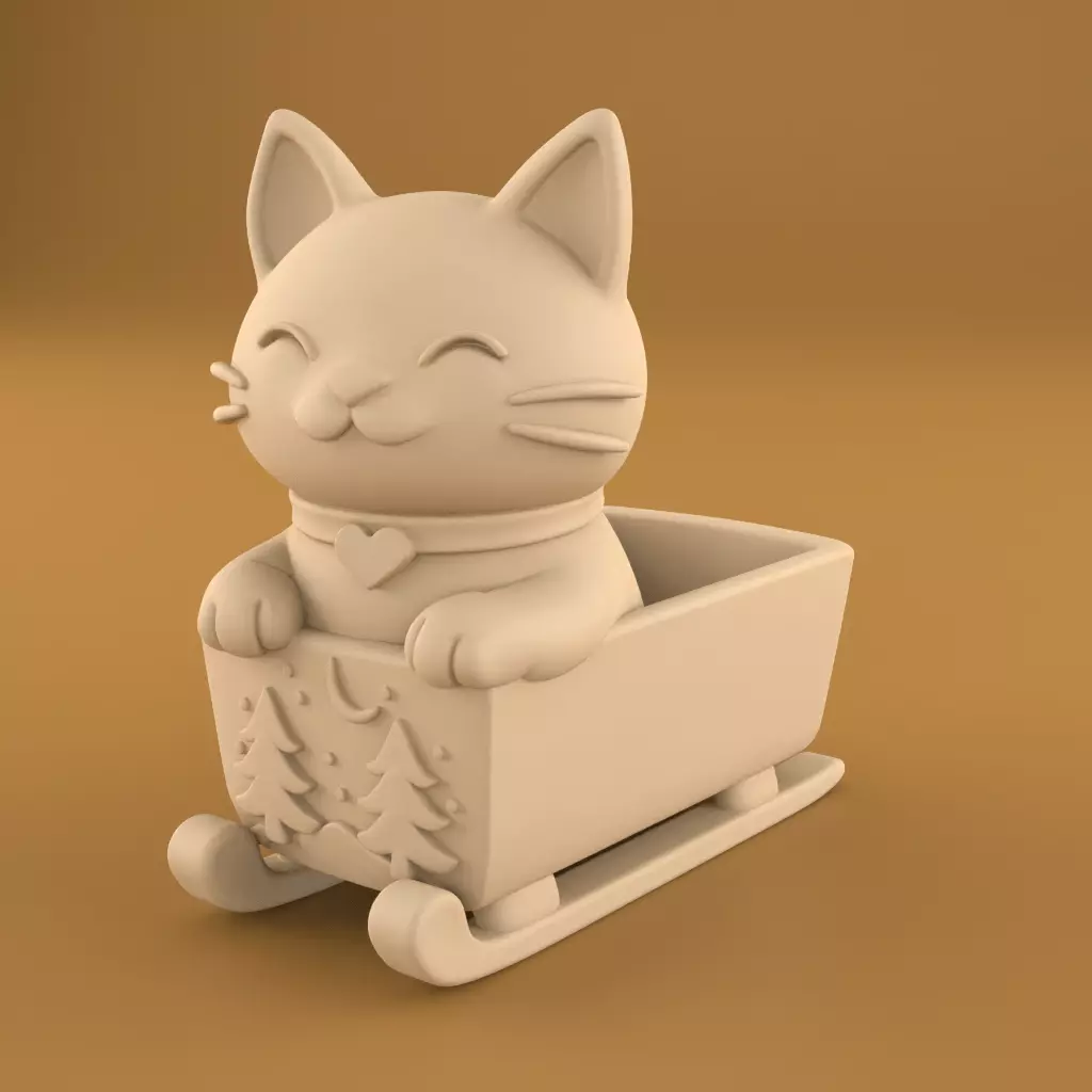 Happy Cat Sleigh Planter 3D Print File STL 3D print model_0