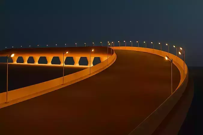 Curved Highway Bridge with Street Lights - Low Poly 3D Model