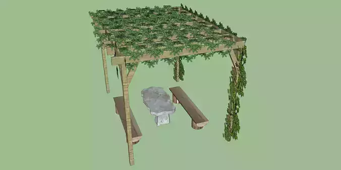 Outdoor Wooden Pergola with Stone Table and Benches  3D Model