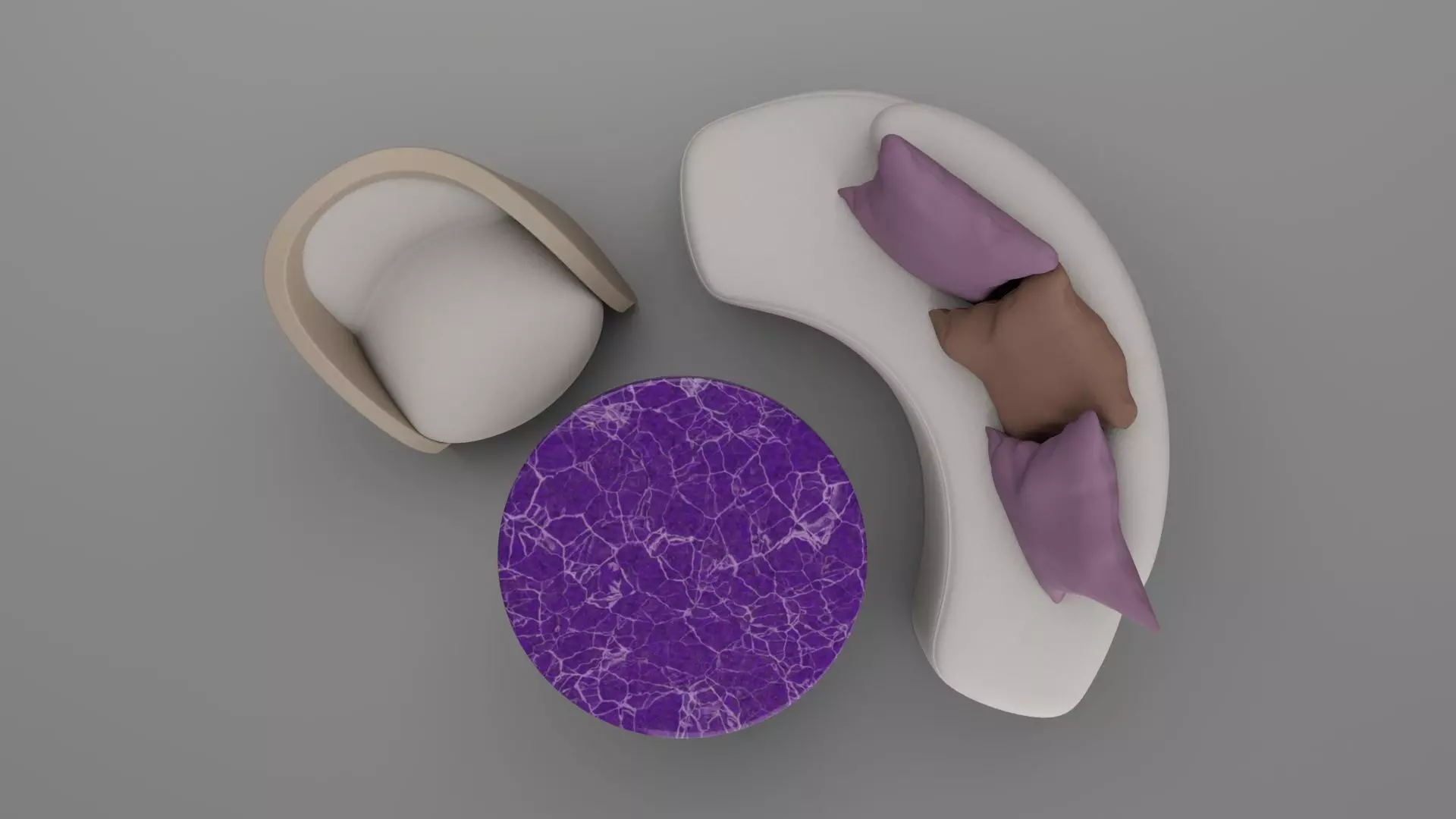 coach in organic shape with purple table and leather chair 3D model_1