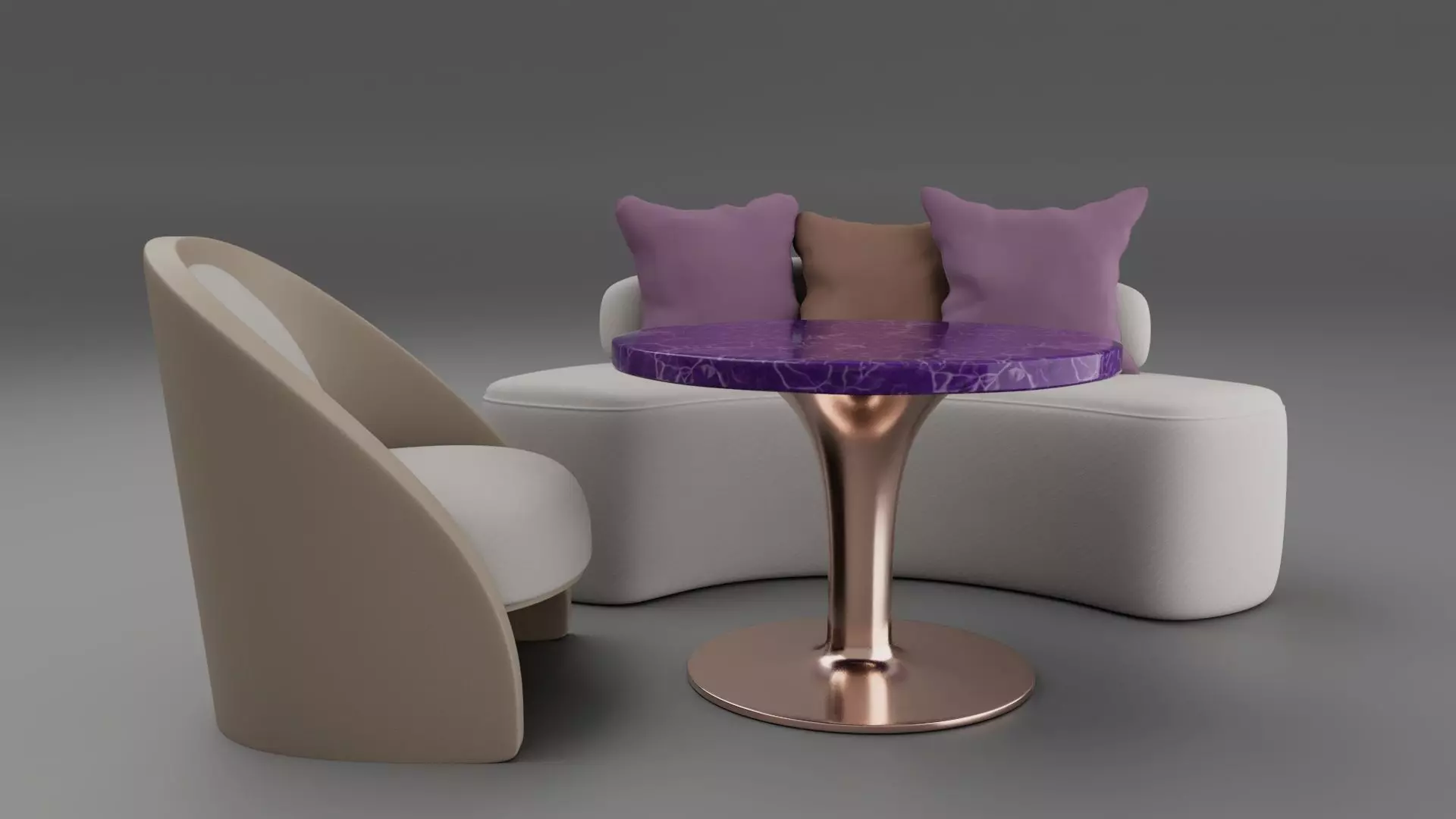 coach in organic shape with purple table and leather chair 3D model_4