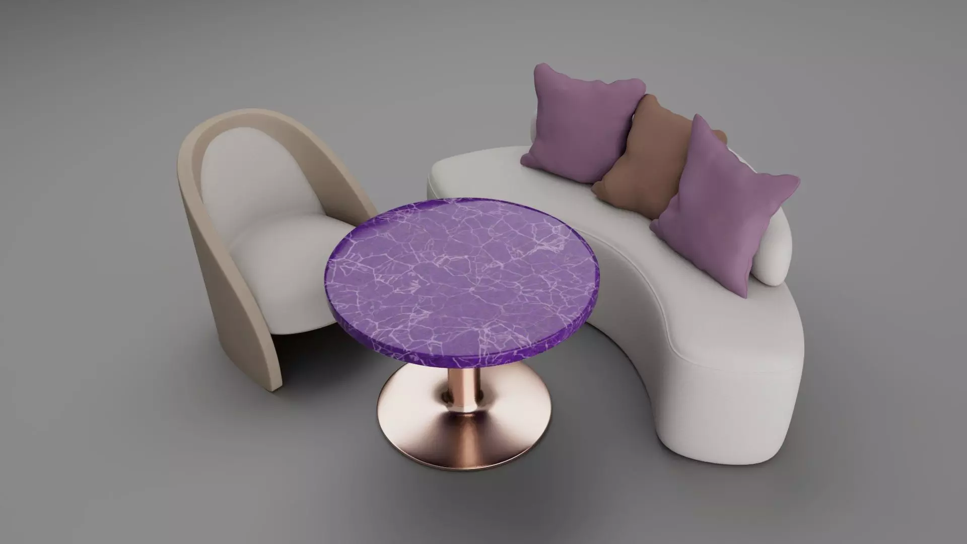 coach in organic shape with purple table and leather chair 3D model_0