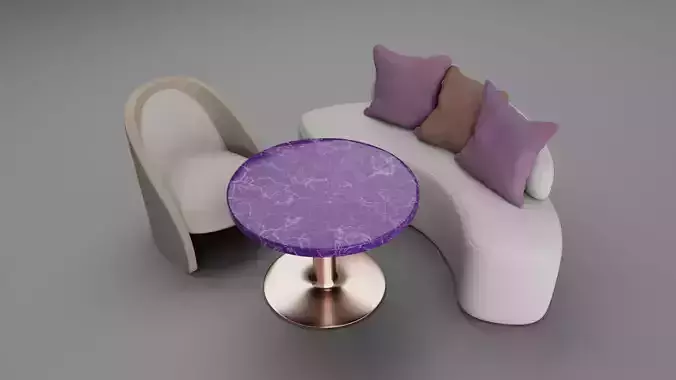 coach in organic shape with purple table and leather chair