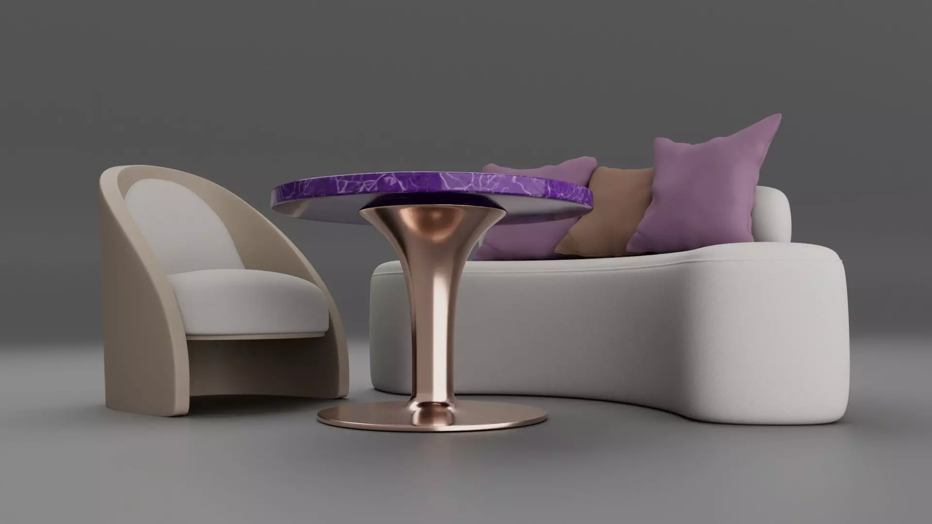 coach in organic shape with purple table and leather chair 3D model_2