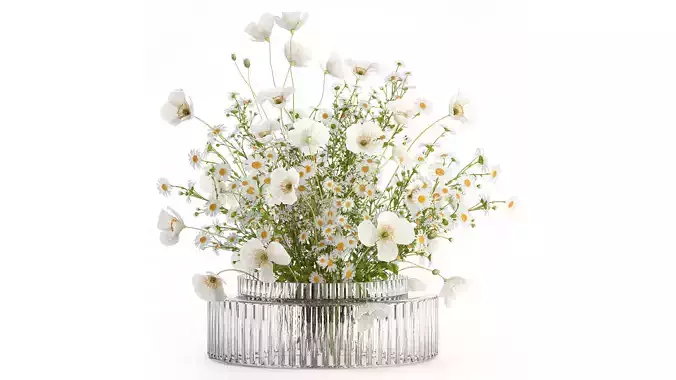 Realistic flower bouquet of white poppy chamomile in glass vase 