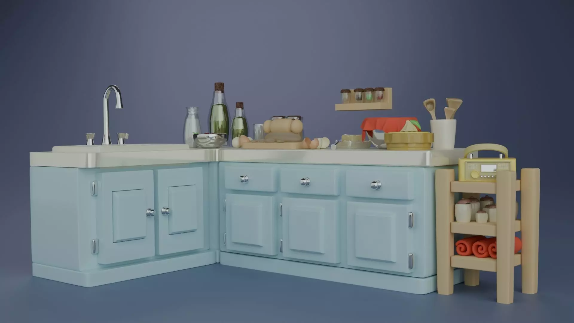 Kitchen Cabinet and Accessories Props Set Low-poly 3D model_0