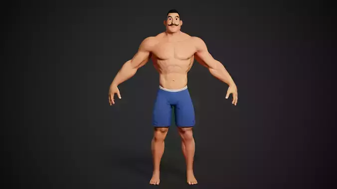 Stylized Male Character Model   Muscular Hero with Mustache Low-poly 3D model