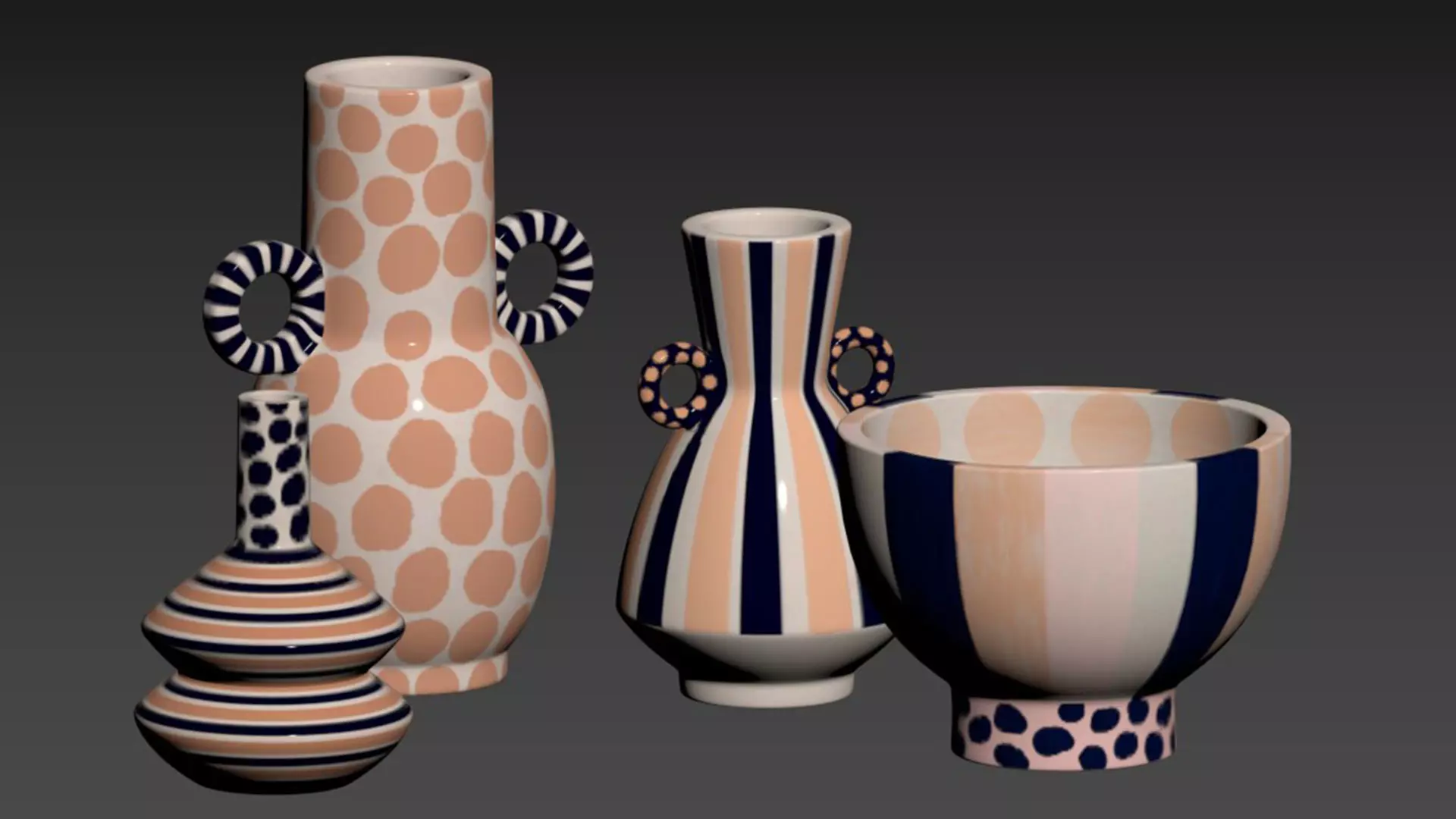 Set of 4 Jennifer Striped and Spotted Ceramic Vase 3D model_5