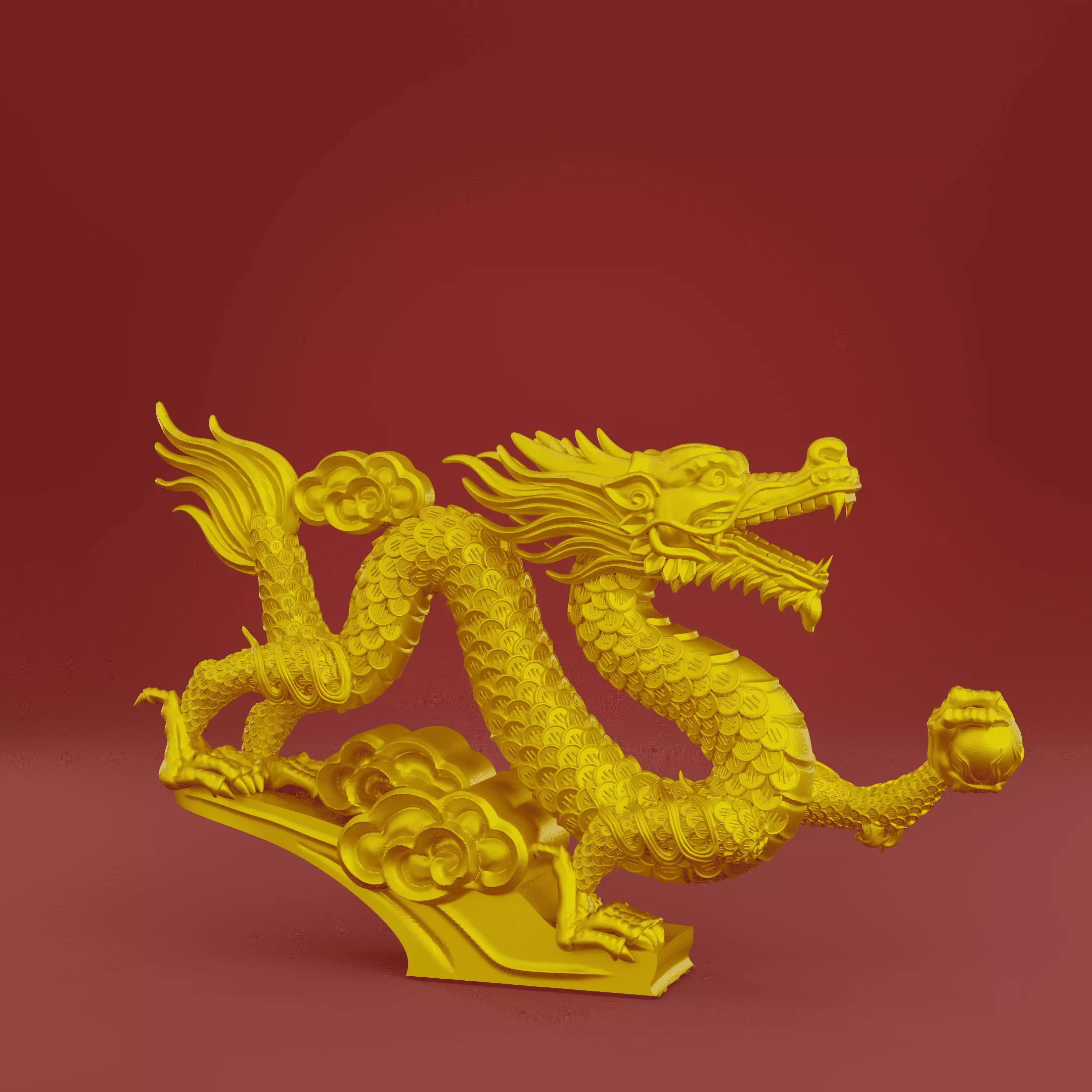Chinese Dragon 3D Model  Golden Dragon Statue STL OBJ 3D model_0