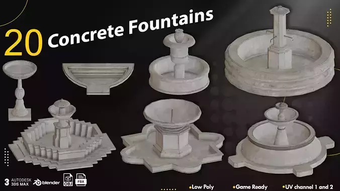 20 Concrete Fountains Game Ready Pack