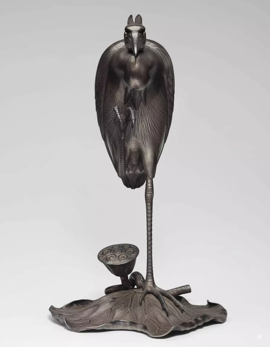 Bronze Heron Sculpture Realistic Bird Lotus Base Patina Finish Low-poly 3D model_1