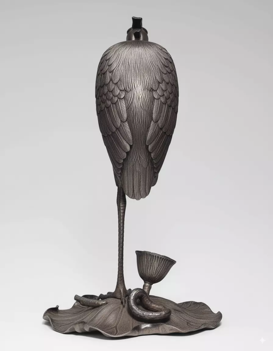 Bronze Heron Sculpture Realistic Bird Lotus Base Patina Finish Low-poly 3D model_2