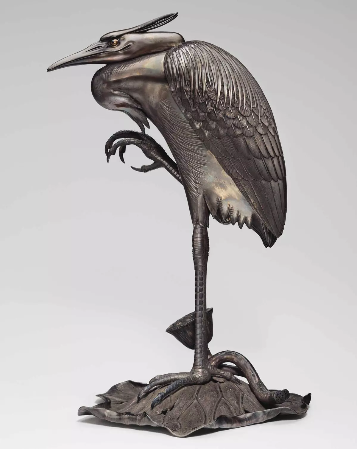 Bronze Heron Sculpture Realistic Bird Lotus Base Patina Finish Low-poly 3D model_0
