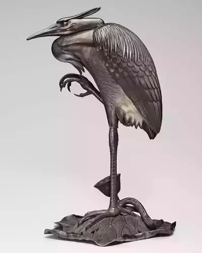 Bronze Heron Sculpture Realistic Bird Lotus Base Patina Finish Low-poly 3D model