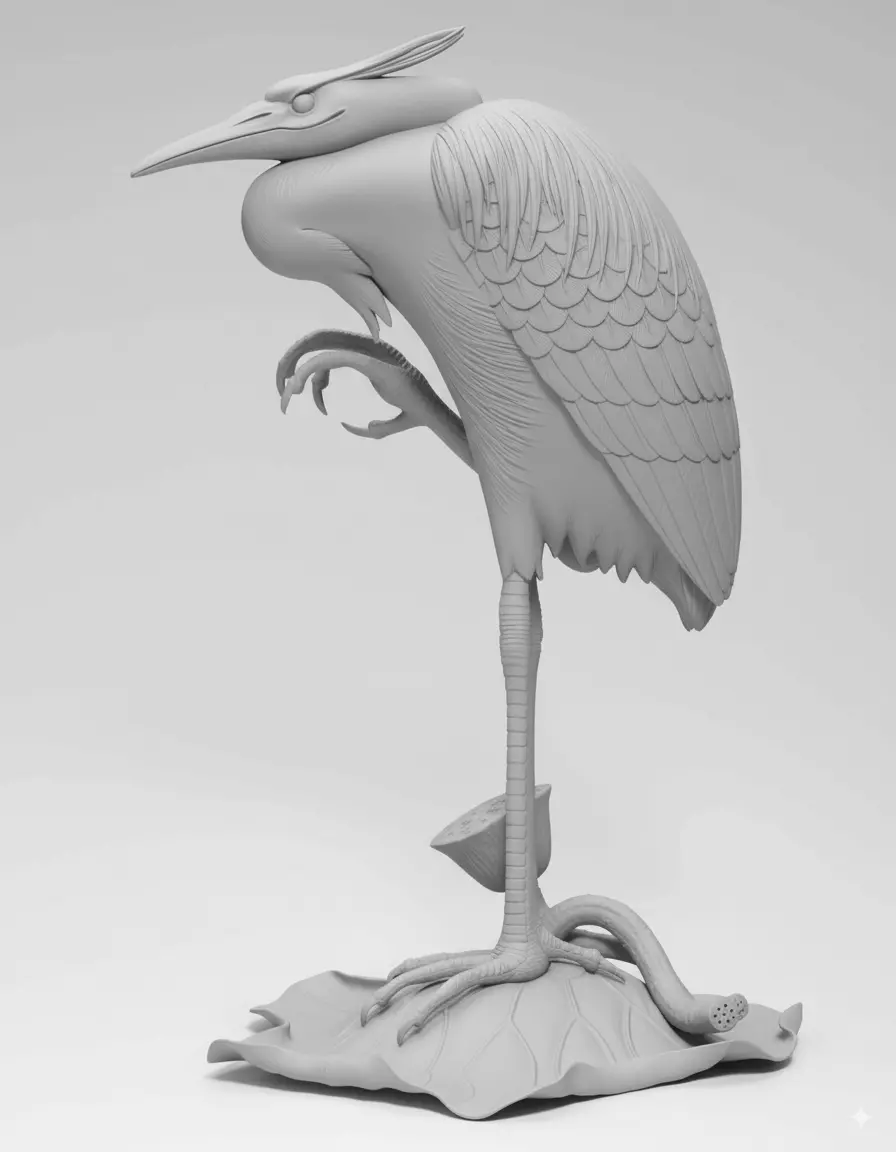 Bronze Heron Sculpture Realistic Bird Lotus Base Patina Finish Low-poly 3D model_3