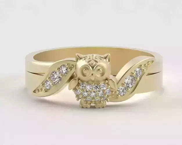 Owl Ring with Side Leaves 