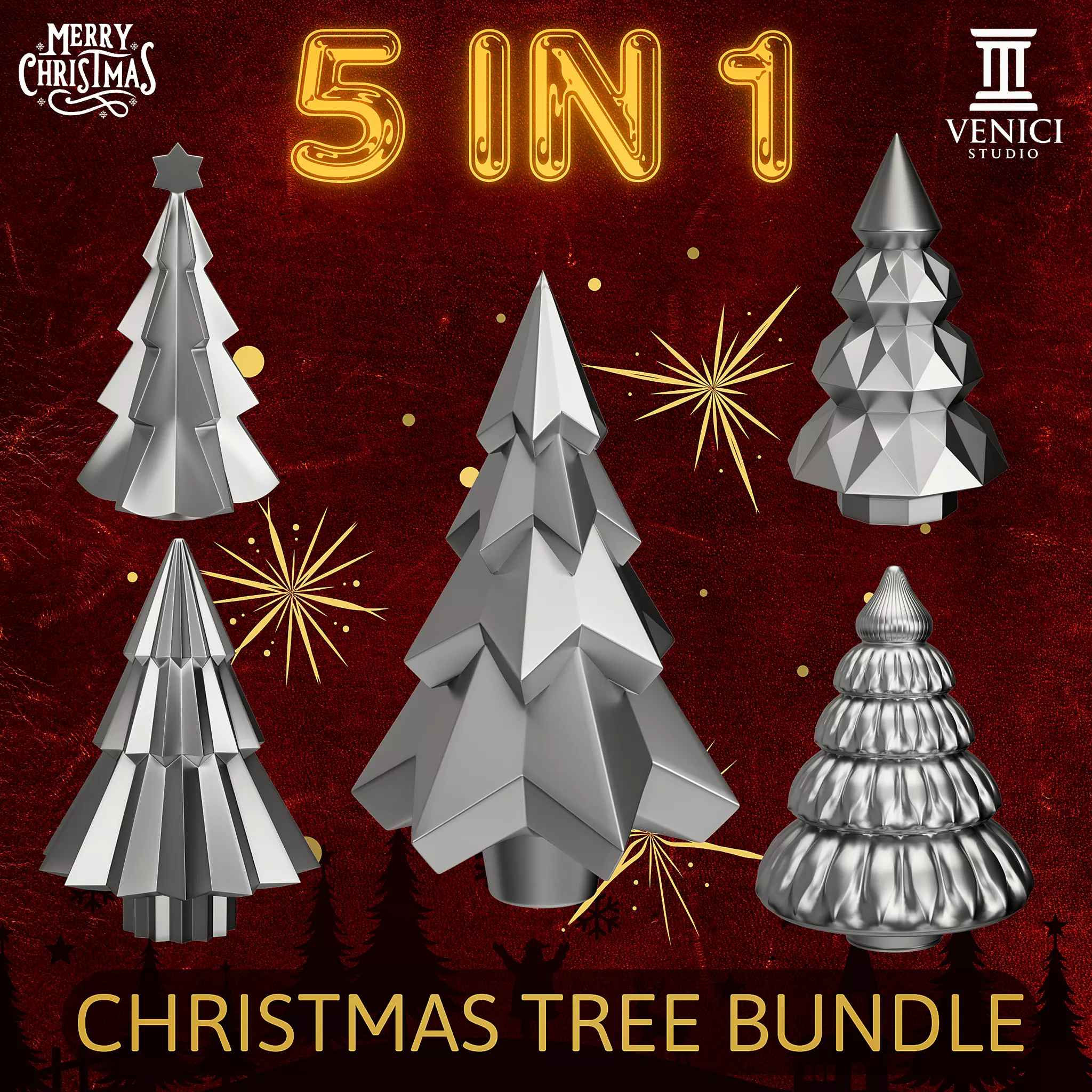 Christmas Tree Bundle 5 in 1  Print in Place 3D print model_0