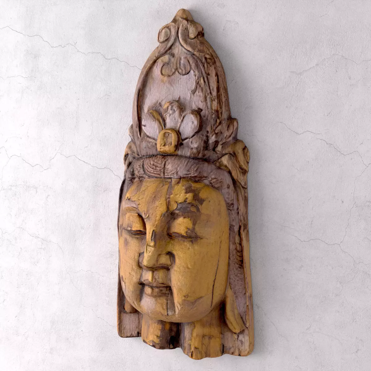 Vintage Wood Quan Yin Head 3D model_4