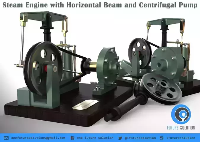 Steam Engine with Horizontal Beam and Centrifugal Pump Free 3D model