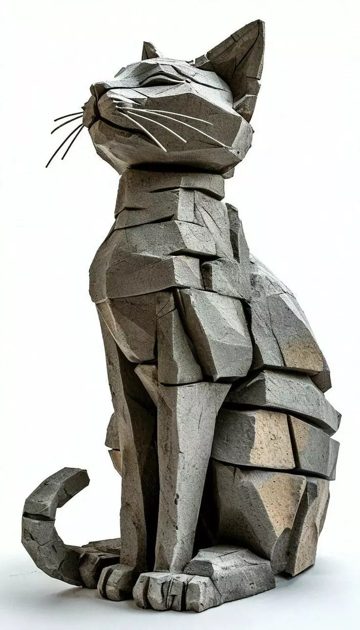 Stone Cat Sculpture Geometric Feline Art Faceted Design Low-poly 3D model