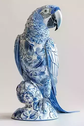 Porcelain Parrot Sculpture Oriental Ceramic Bird Floral 