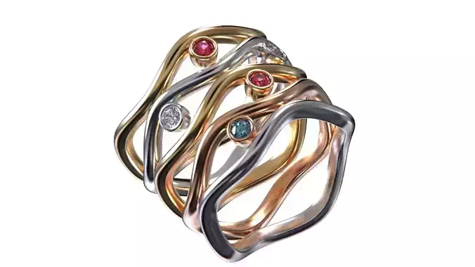 Triple Tone Wave Band Ring with Gemstone Accents