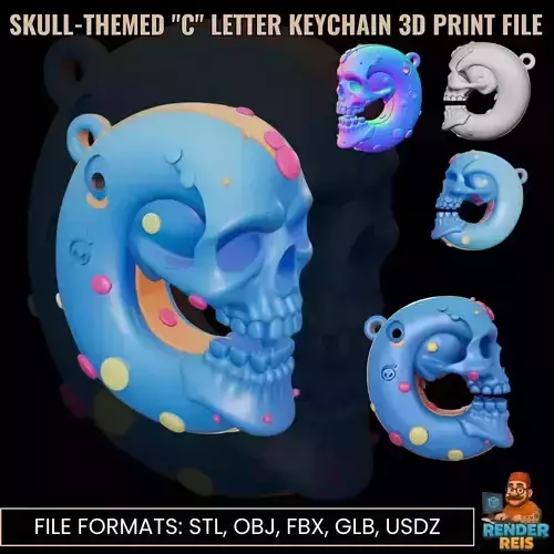 Skull Themed C Letter Keychain 3D Print File