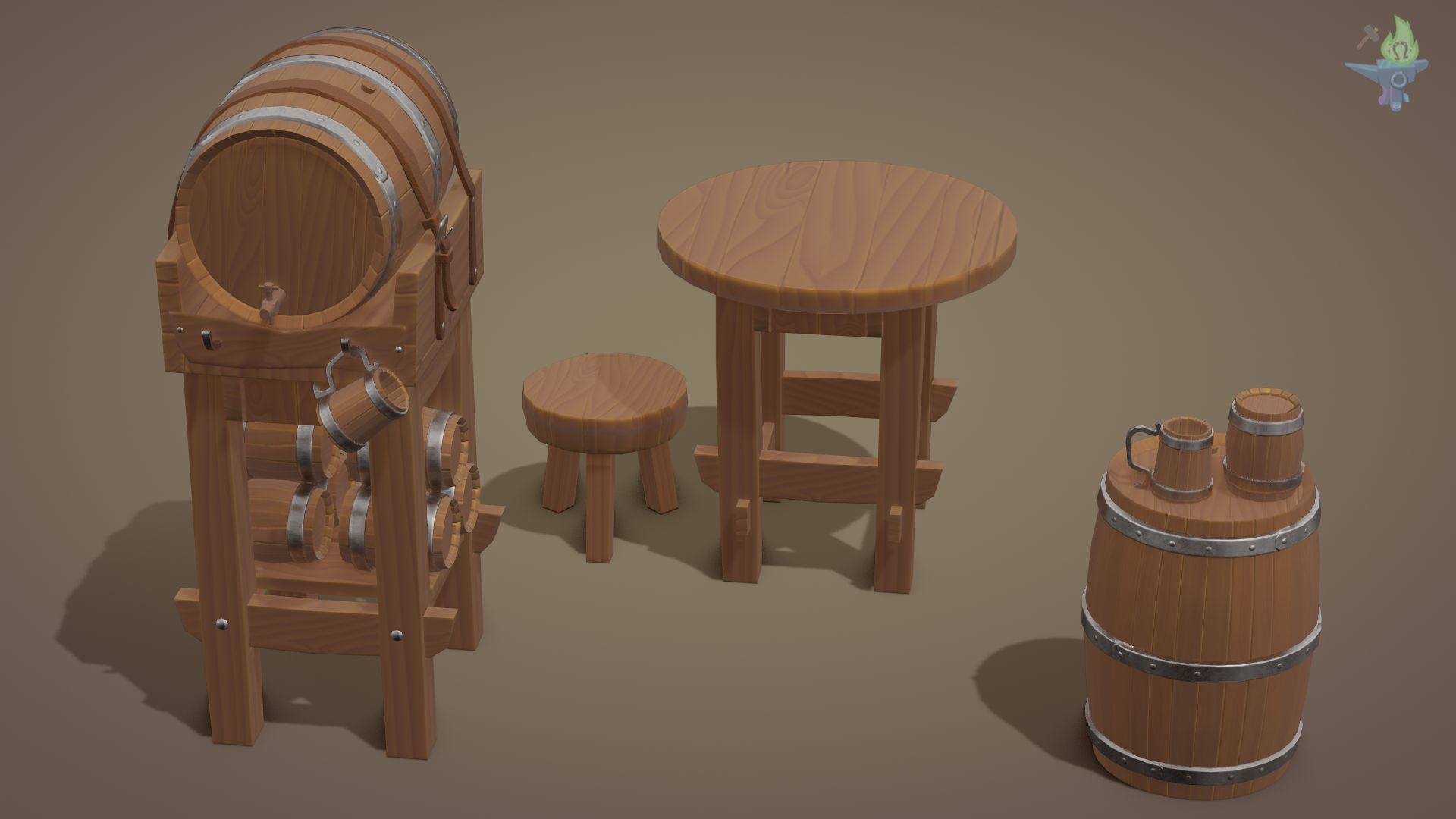Tavern Barrel set Low-poly 3D model_14