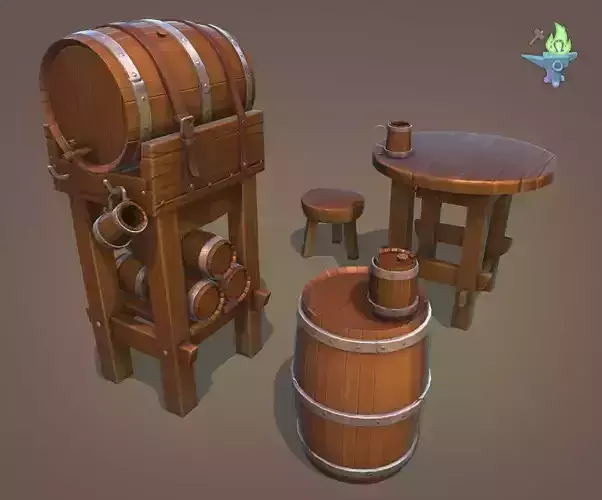 Tavern Barrel set Low-poly 3D model